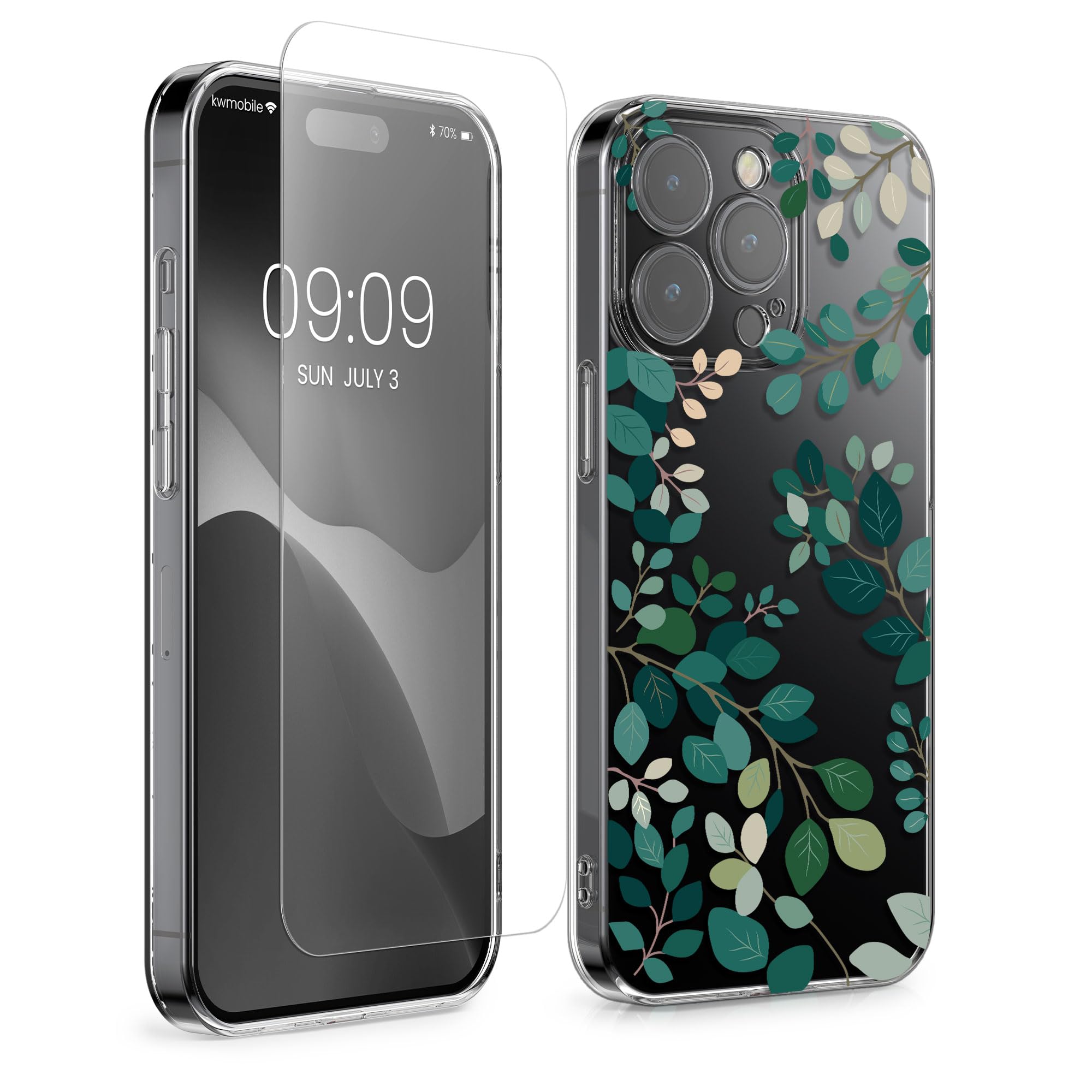 kwmobile Clear Case and Screen Protector Compatible with Apple iPhone 15 Pro Max Case - Spring Leaves Green/Transparent