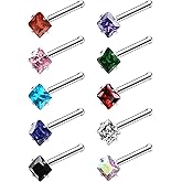 Ruifan ASTM F136 Titanium Nose Rings 18G 20G 22G Mix Color Square Cubic Zirconia Nose Studs Ring Screw L-Shaped Bone Hypoallergenic Body Piercing Jewelry for Women 3mm 10PCS