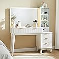 T4TREAM 48" Fluted Makeup Vanity Desk with Large 36" Mirror and Lights, Modern Glass Top Big Vanity Table with 5 Drawers & Adjustable Shelves, Dressing Table Set w/Charging Station for Bedroom, White