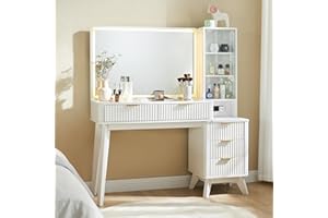 T4TREAM 48" Fluted Makeup Vanity Desk with Large 36" Mirror and Lights, Modern Glass Top Big Vanity Table with 5 Drawers & Adjustable Shelves, Dressing Table Set w/Charging Station for Bedroom, White