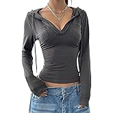 Aopwsrlyi Women's Long Sleeve V Neck Cropped Hoodie Y2K Slimmed Fit Drawstring Pullover Hooded Sweatshirt