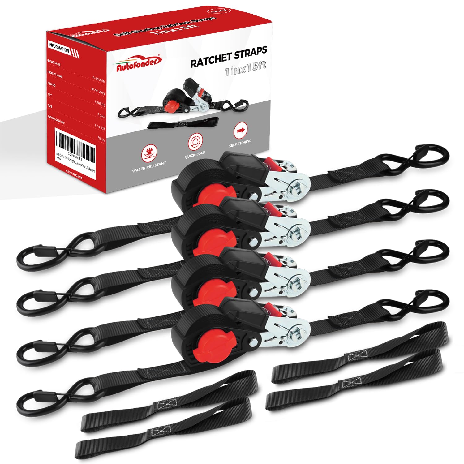 NeatStrap Ratchet Straps With Safety Lock & Chromoly S-Hooks – 1,500 Lbs Break Strength, 1" X 15' Soft Loop Tie-Downs, 4-Pack