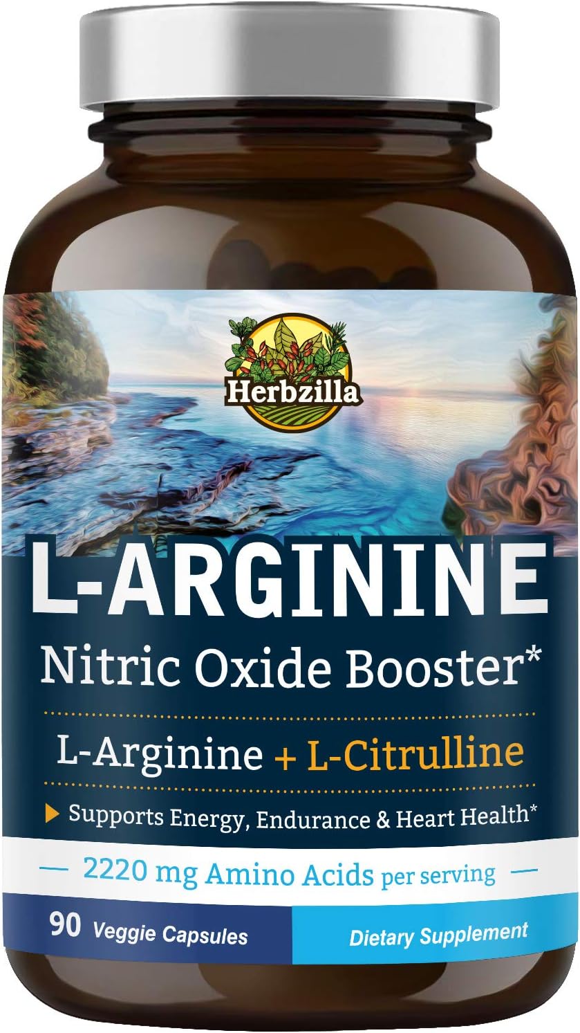 Herbzilla L-Arginine 2220 mg, Arginine AAKG, HCl & Citrulline, Nitric Oxide Booster, Energy, Muscle Building, Vascularity & Heart Health, with Beet Root & Panax Ginseng, Non-GMO, 90 Veggie Capsules