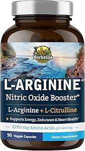 Herbzilla L-Arginine 2220 mg, Arginine AAKG, HCl & Citrulline, Nitric Oxide Booster, Energy, Muscle Building, Vascularity & Heart Health, with Beet Root & Panax Ginseng, Non-GMO, 90 Veggie Capsules