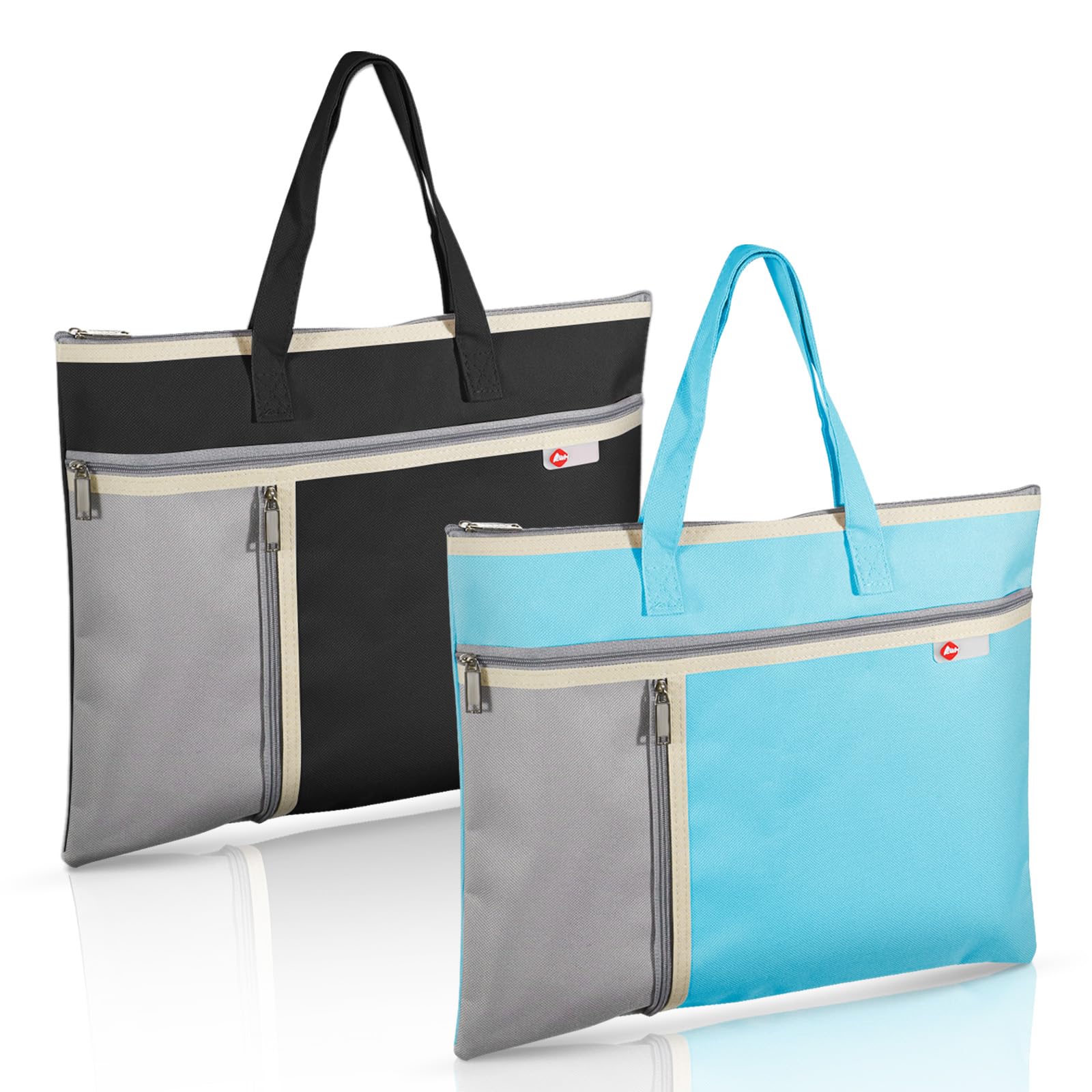 Realand 2Pcs A4 Waterproof Document Bag File Organizer, 3 Pockets Oxford Zipper Pouches for Organizing with Handle, Notary Bag for Paper Books Project Tote Bag, Black + Blue