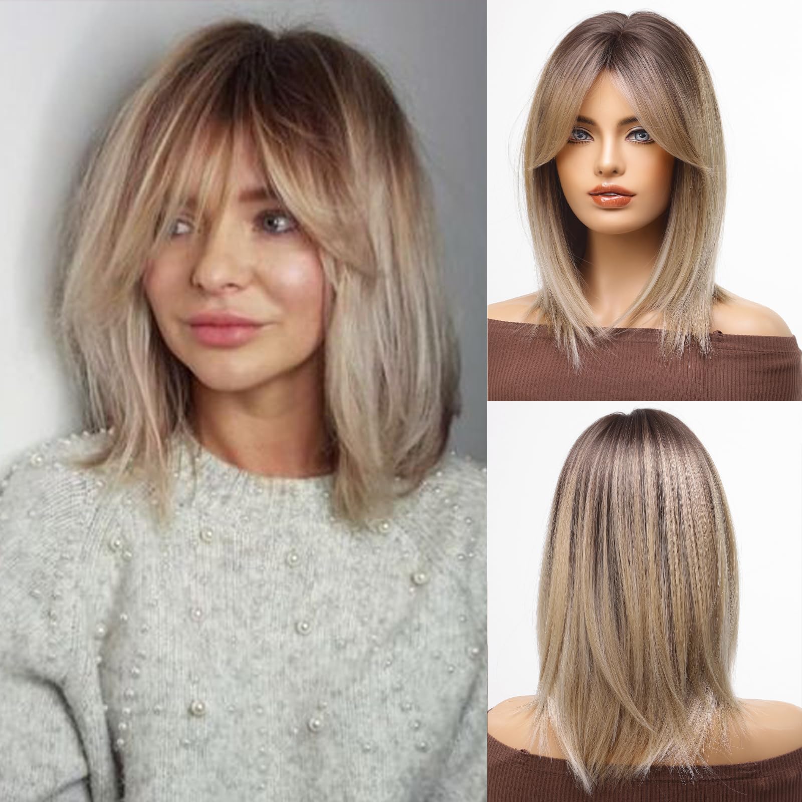 HAIRCUBE Long Dark Blonde Wigs for Women Synthetic Hair Wig with Fringe Ombre Color with Dark Roots — image 1