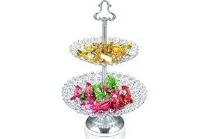 Kehail Crystal Metal Fruit Candy Tray, 2 Tier Cupcake Stand, Elegant Fruit Bowl, Dessert Table Display Plate for Birthday Parties, Weddings, Centerpieces, Home Decor (Silver, 2 Tier - Round)