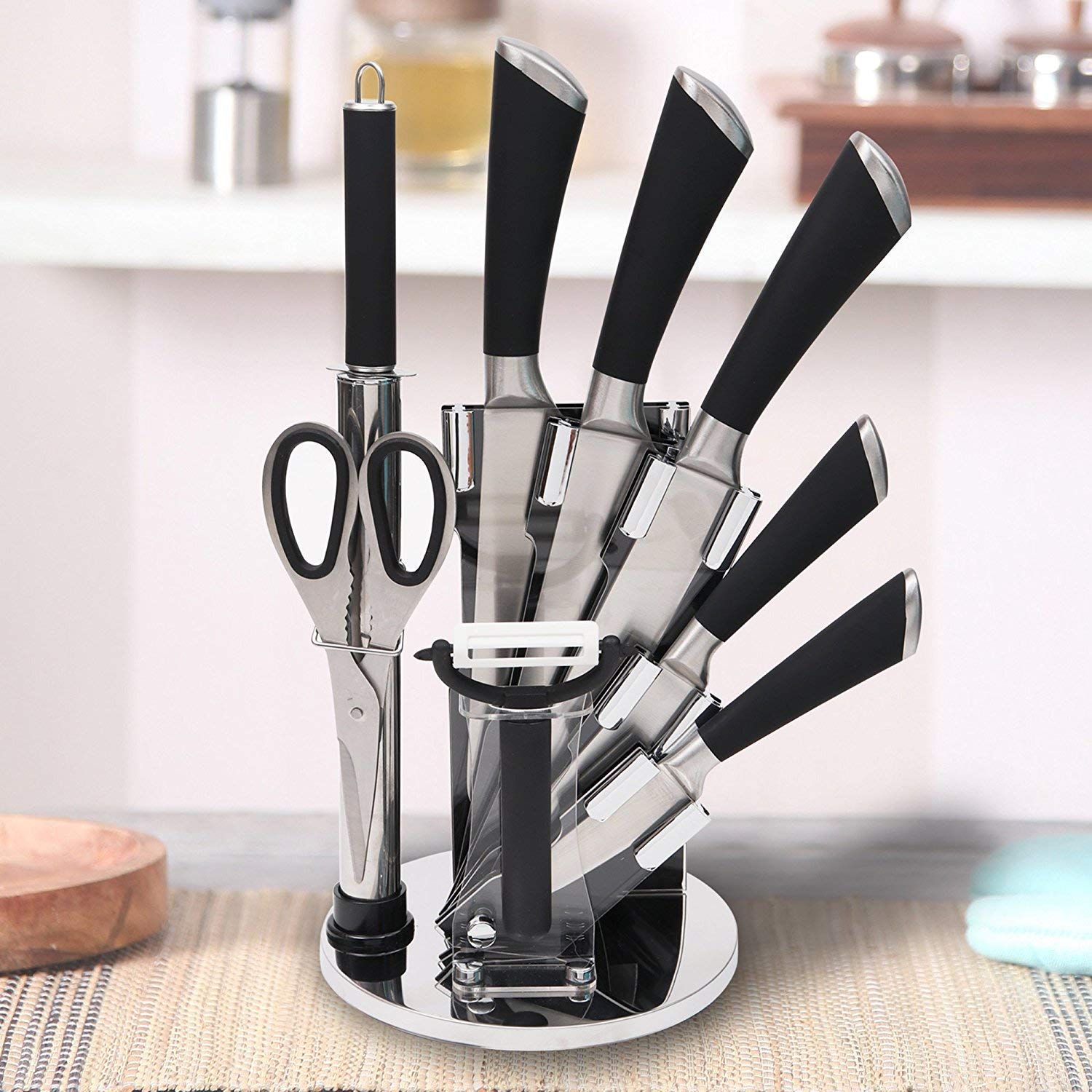 Buy PANTH™ Stainless Steel Kitchen Knife Set with Rotating Black Stand