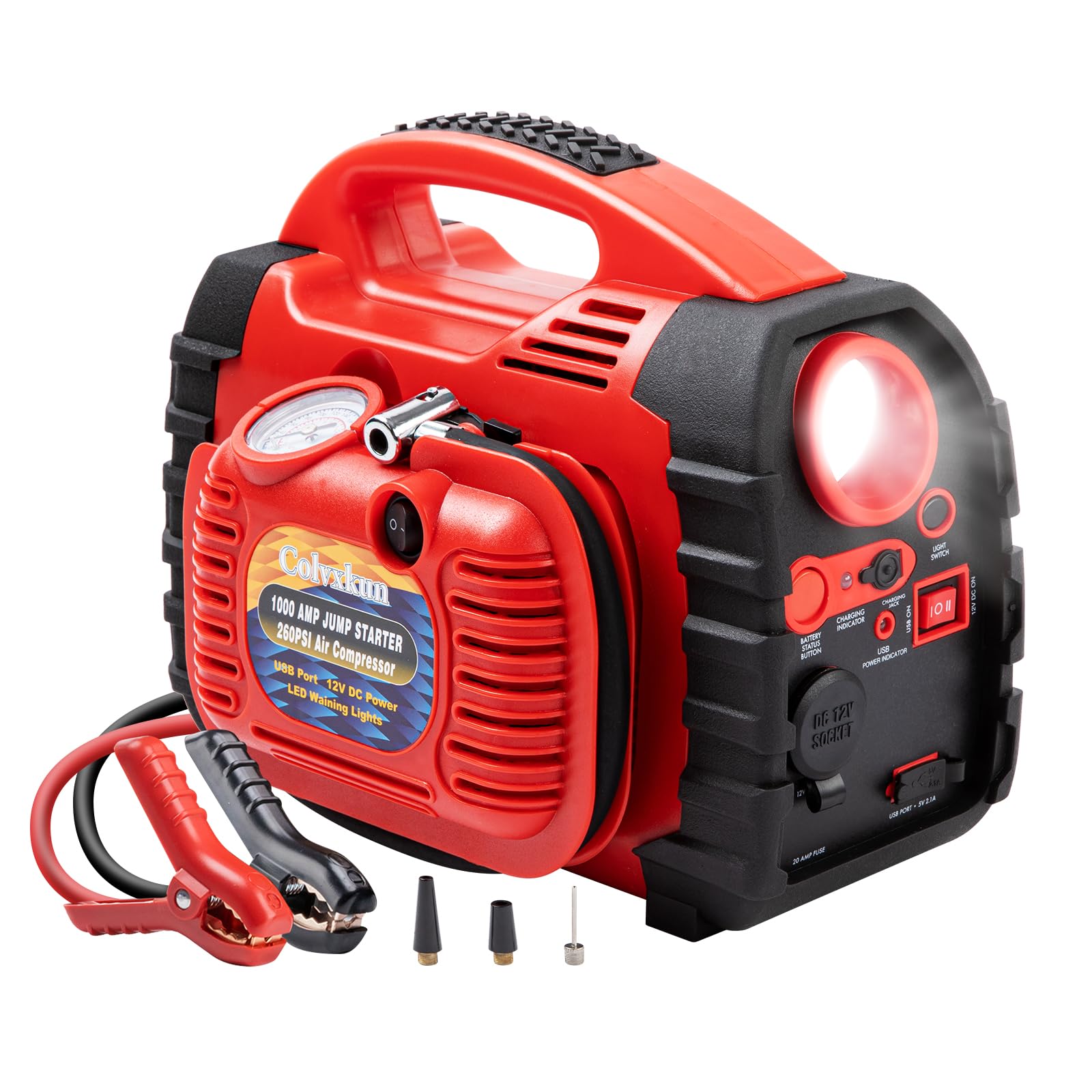 Photo 1 of Colvxkun Jump Starter with Air Compressor, 260PSI 1000A Car Battery Jump Starter Battery Pack (6.0 Gas/6.0L Diesel),12V Car Jumper Starter Portable Jump Box with Tire Inflator