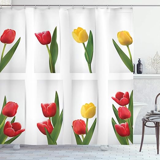 Amazon Com Ambesonne Tulip Shower Curtain Tulip Design With Different Borders Retro Royal Blossoms In Modern Concept Cloth Fabric Bathroom Decor Set With Hooks 75 Long Red Yellow Home Kitchen