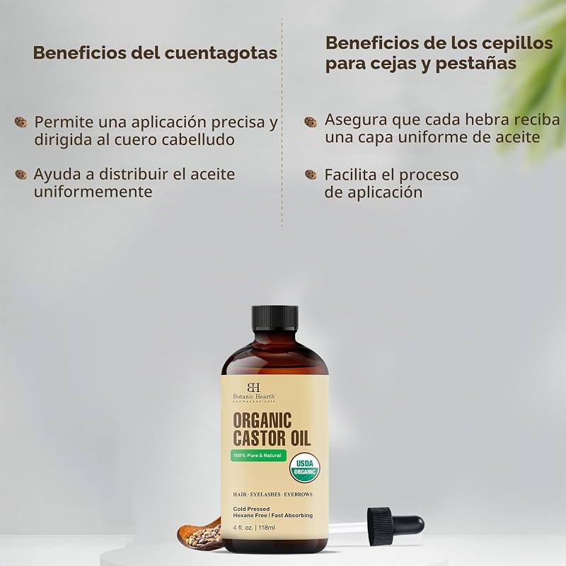 Aceite de ricino | 100% puro y natural, prensado en frío, orgánico | 118,3 ml | Para cabello, pestañas y cejas | Sin hexano | Absorción rápida | Con gotero y aplicadores