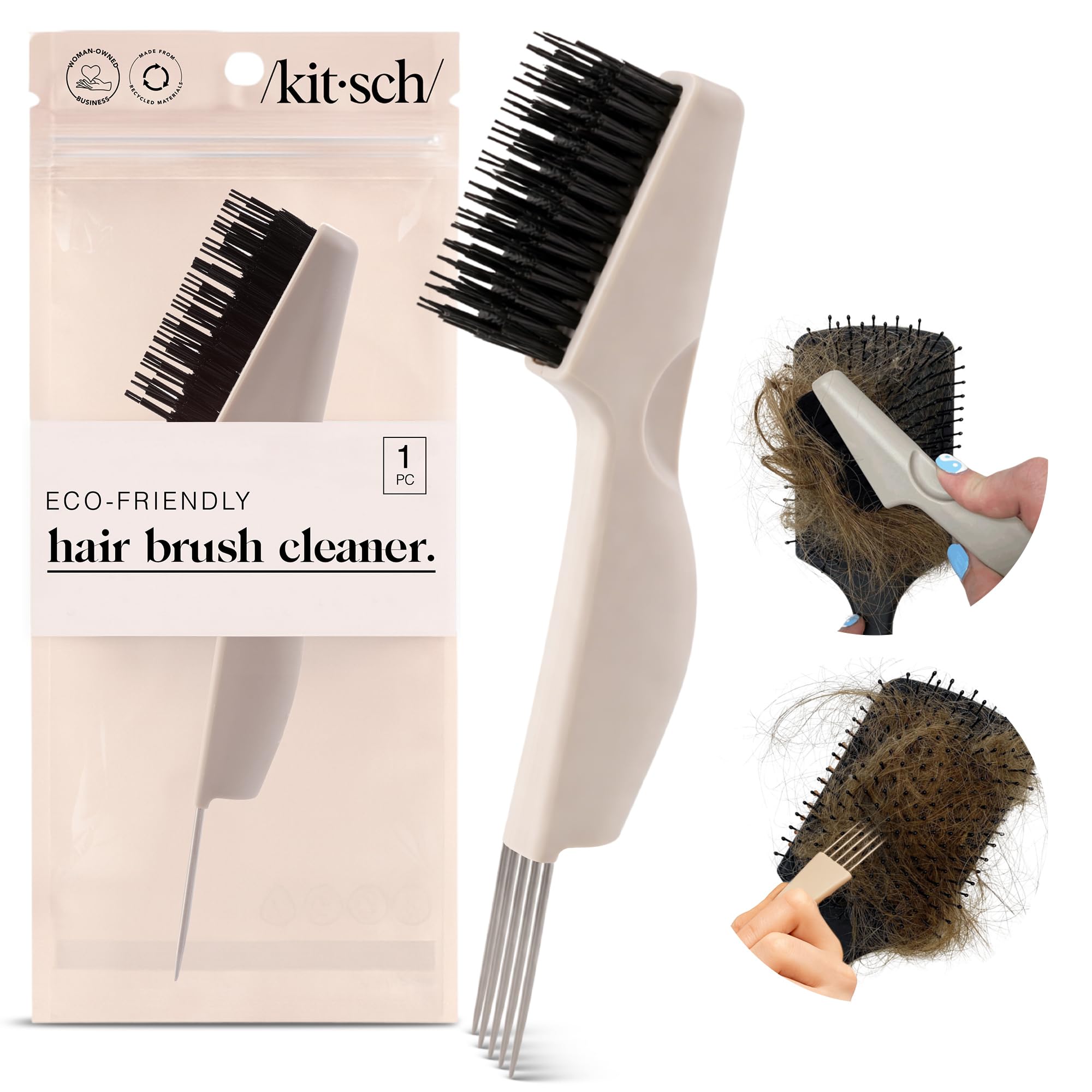 Kitsch Double Sided Hair Brush Cleaner Tool 2-in-1 Comb Cleaner - Travel Size Cleanser for Detangling Paddle Oval Hairbrushes or Combs - Salon Solution for Removing Dust from Cushion
