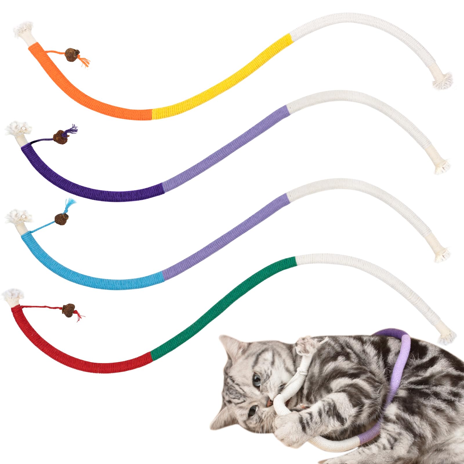 Fantasyon 4 Pcs Cat Chew Toy Bite Rope, Funny Catnip Toys Interactive Cat Toy for Indoor Cats, Natural Safe Cat Nips Toys for Teeth Cleaning Stress Release -70cm