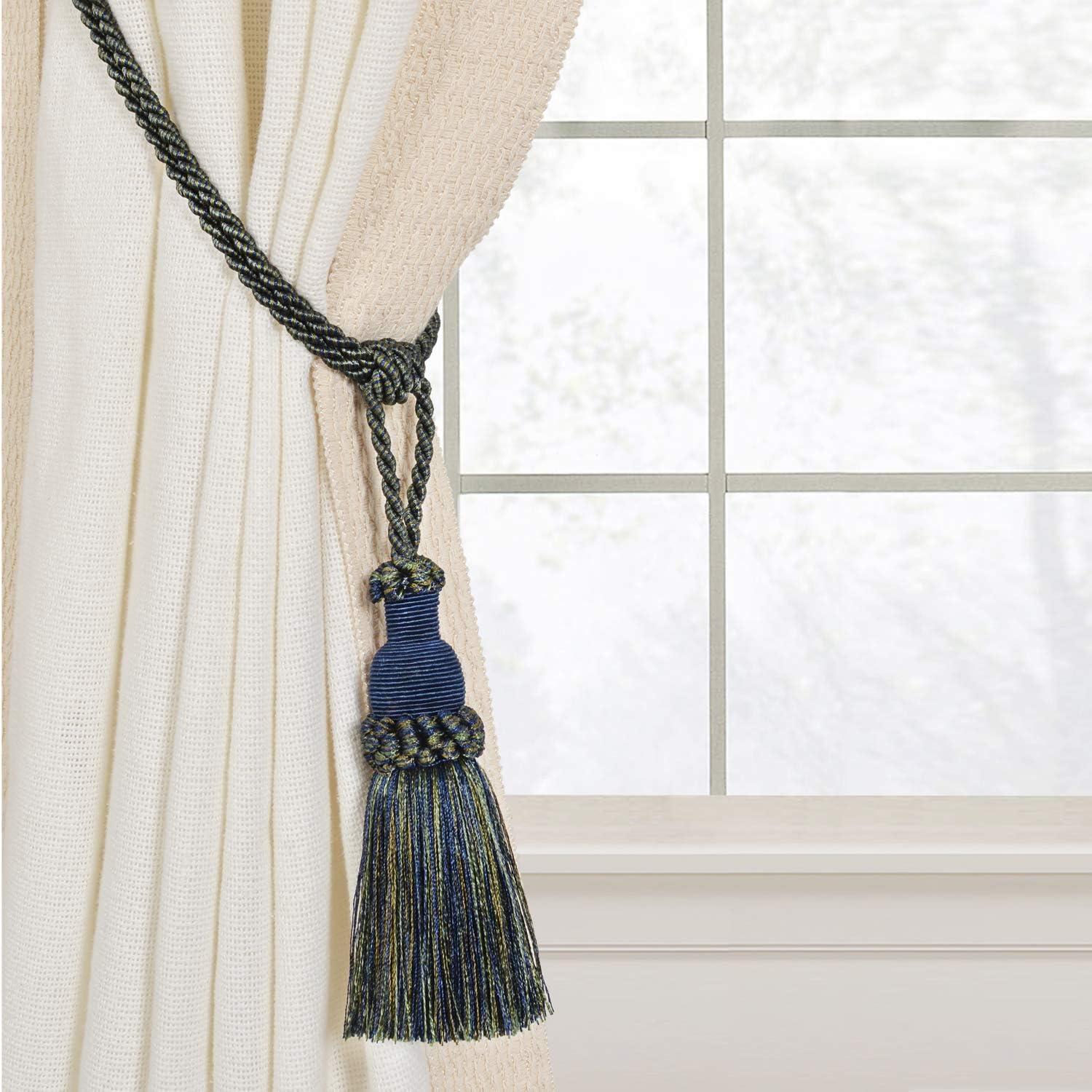 Deco Window Set of 2 Curtain Tieback Rope with Tassel Designer Drapery Holdback Tie Back Strap for Sheer and Blackout Panels (17", Peacock Mix)