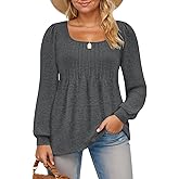 ROSRISS Womens-Plus-Size-Tops Trendy Puff Long Sleeve Shirts Dressy Scoop Neck Loose Fit Blouses Casual Pleated Flowy Tunics