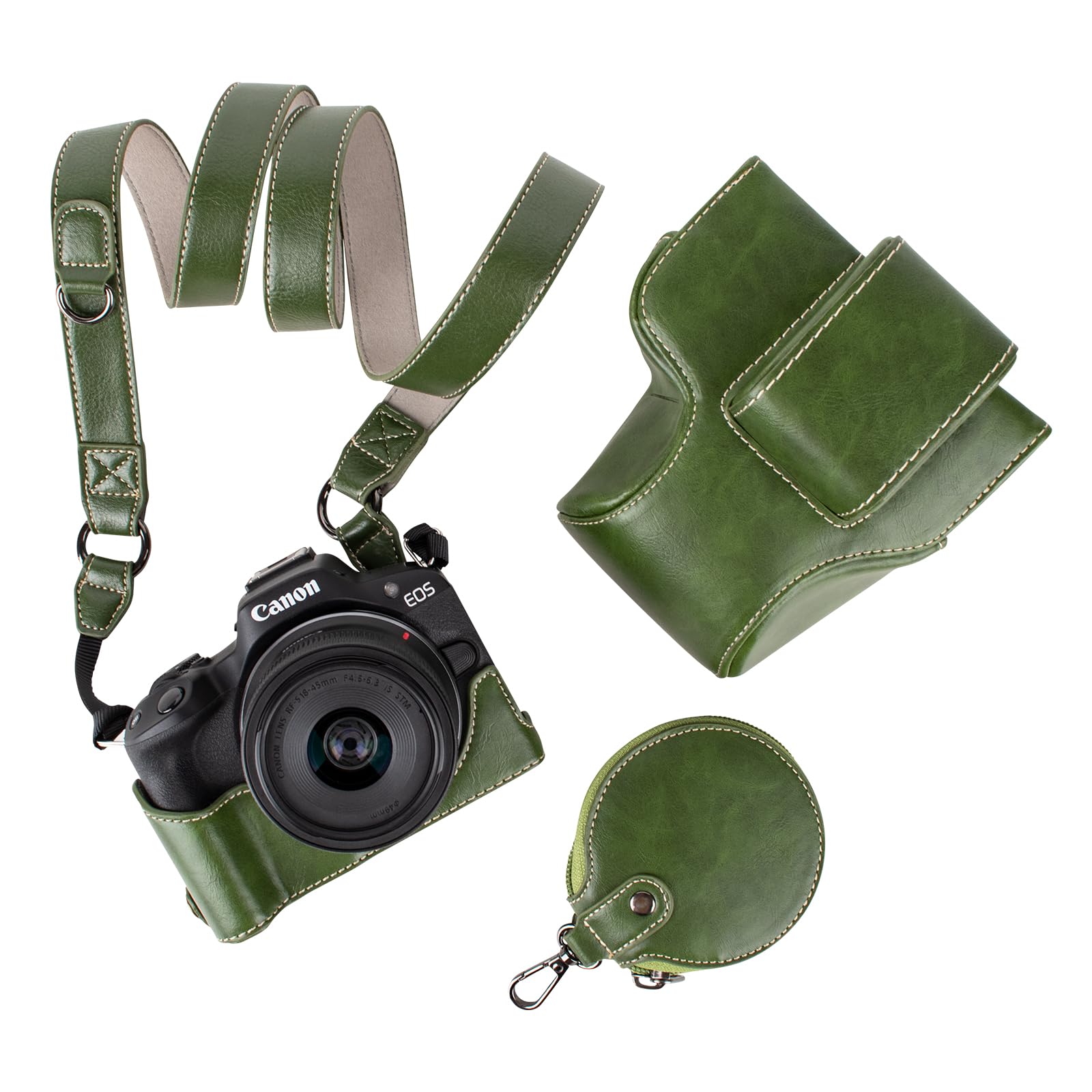 MUZIRI KINOKOO EOS R50 R100 Camera Case, Retro PU Leather Protective Case for Canon EOS R50 R100 DSLR Camera with 18-45mm Lens - with Bottom Opening & Shoulder Strap & Storage Pocket - Green — image 1