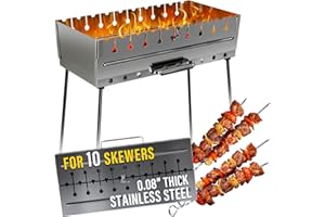 MHH Stainless Steel Charcoal Grill for 10 Skewers – Portable BBQ 20.87"×9.45"×20.87" – Foldable Kabob Mangal – Durable Rustproof Grill for Picnic & Camping