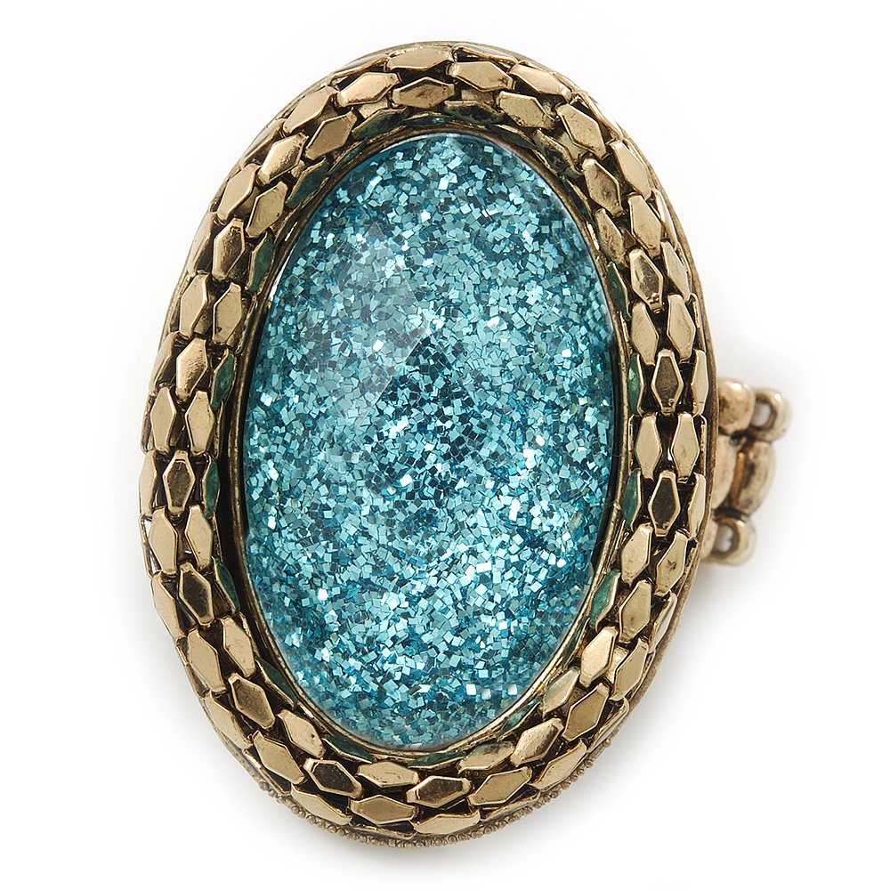 Avalaya Statement Light Blue Glitter, Oval, Mesh Flex Ring In Burnt Gold Tone - 43mm Across - Size7/8