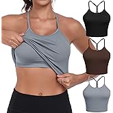 VEQKING Women Sports Bras High Neck Seamless Ribbed Longline Yoga Tank Tops with Built in Bra, 3 Pack