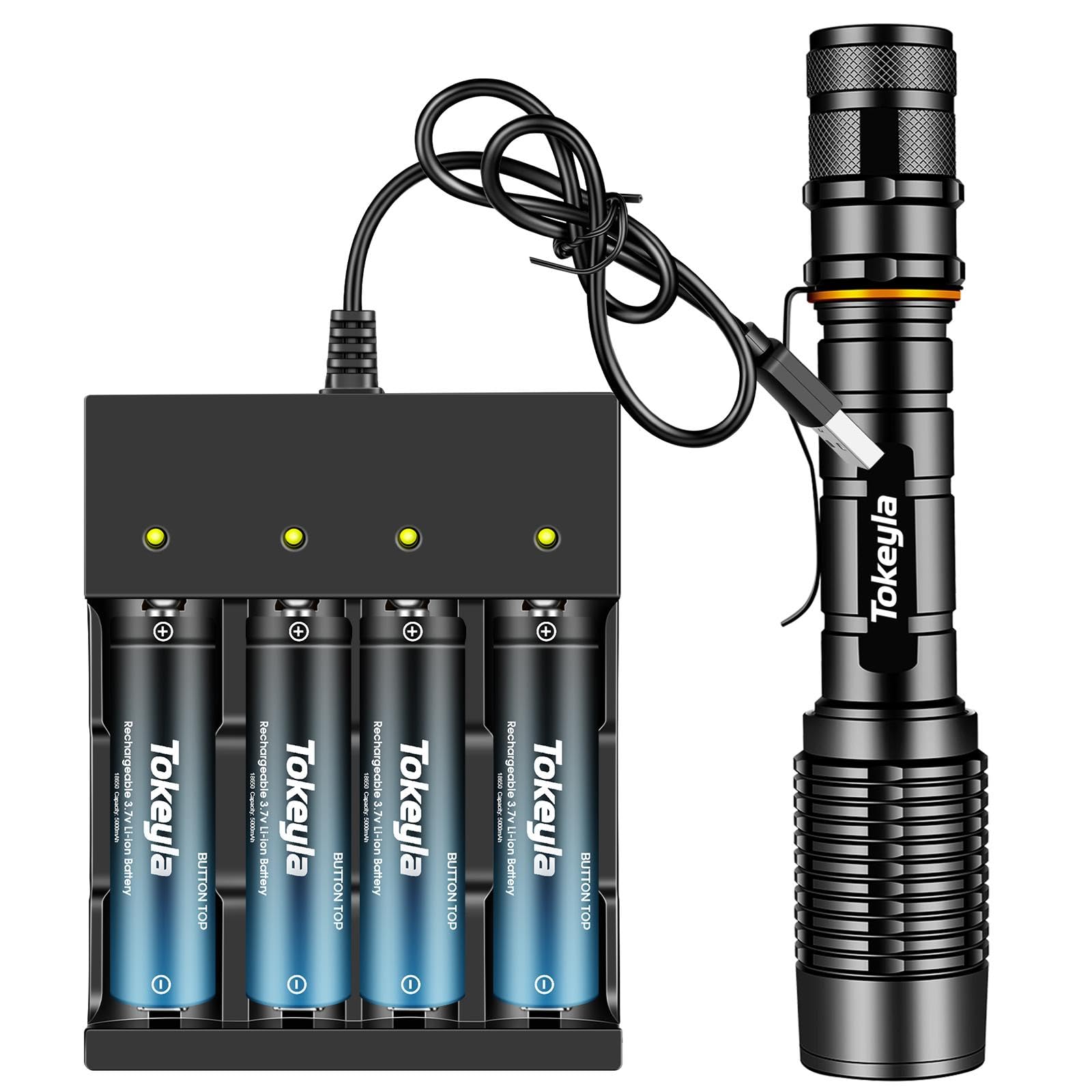 Bright Led Tactical Flashlight with 5 Modes and Memory Function, 18650 Battery Charger Set Rechargeable Flashlights for Camping, Hiking, Outdoor, Emergency