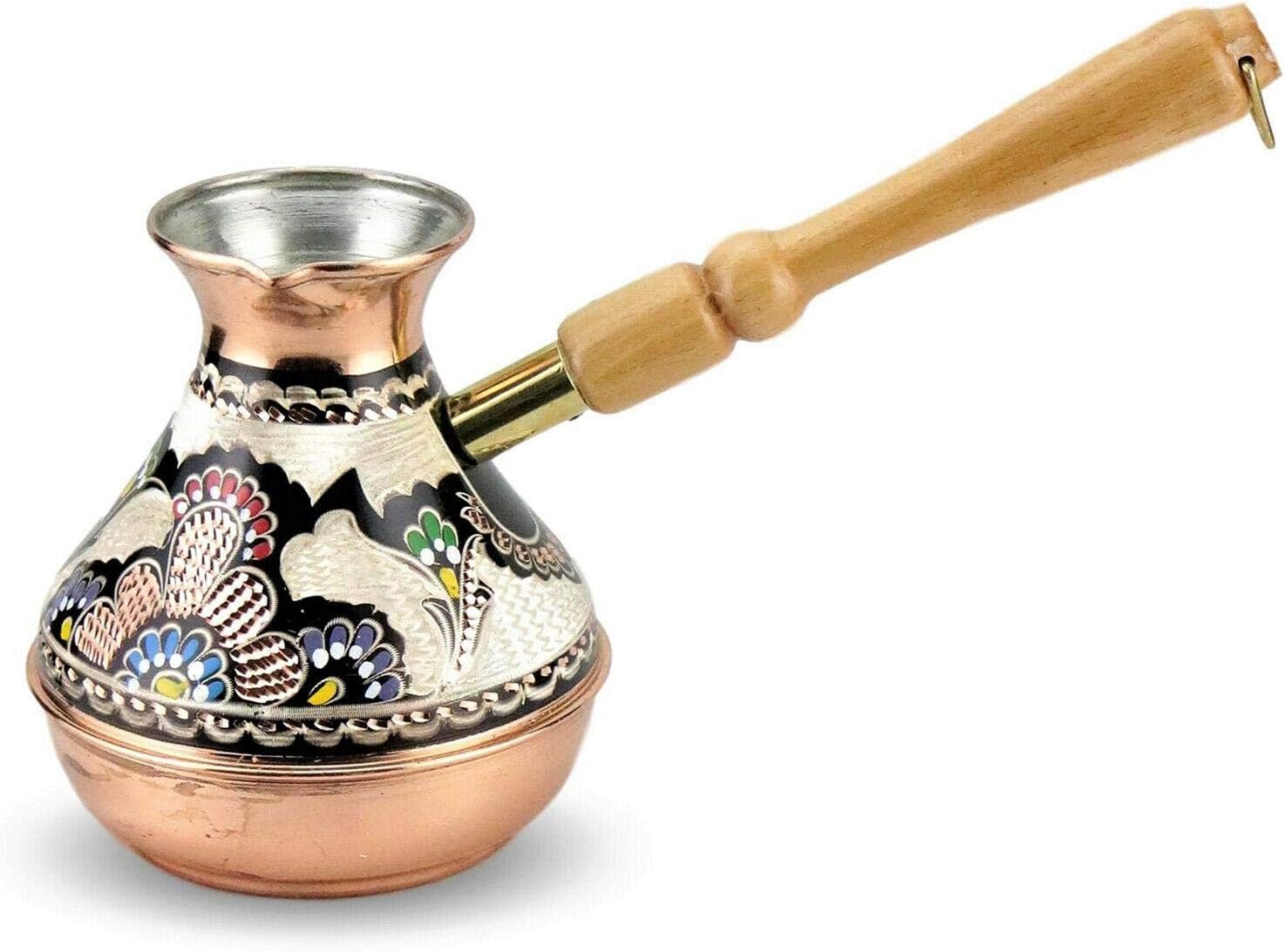 Cafetera turca de cobre con diseño de flores, color café