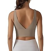 ABOCIW Sports Bra for Women V Back Longline Padded Yoga Bra Workout Crop Tank Tops Khaki X-Large