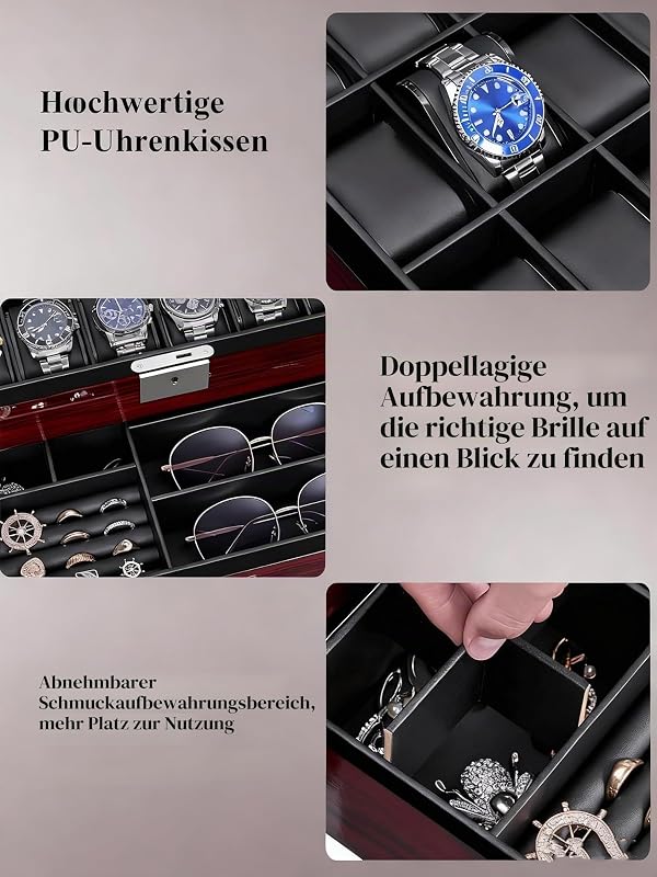 Uhrenbox 12 Fächern für Herren,2 Ebenen Uhrenkasten mit Glasdeckel