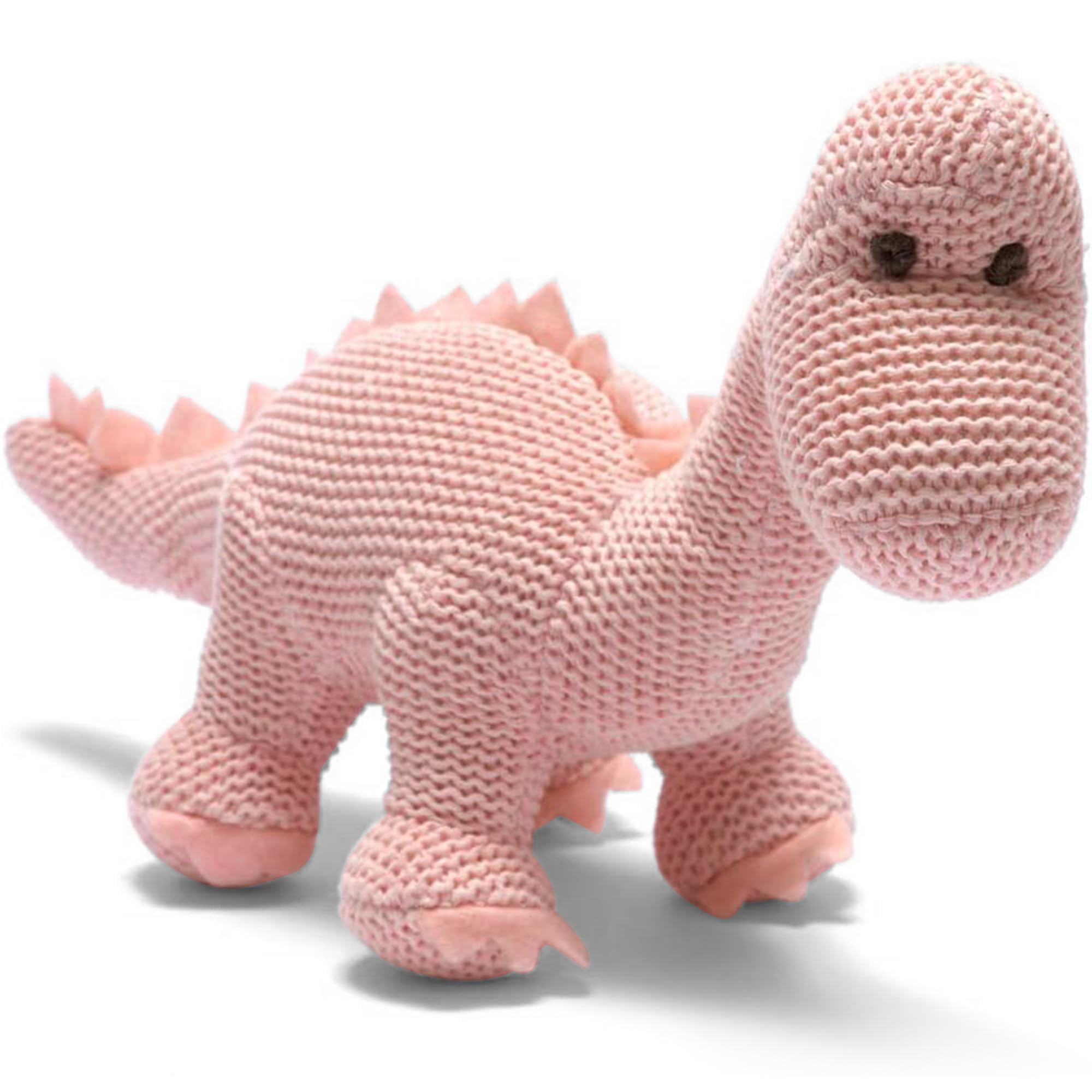 Pink Dinosaur Teddy Bear Suitable from Birth | Newborn Baby Gifts | Knitted Organic Cotton Diplodocus Baby Rattle | Best Years | Machine Washable | 21cm x 24cm | Ethically sourced