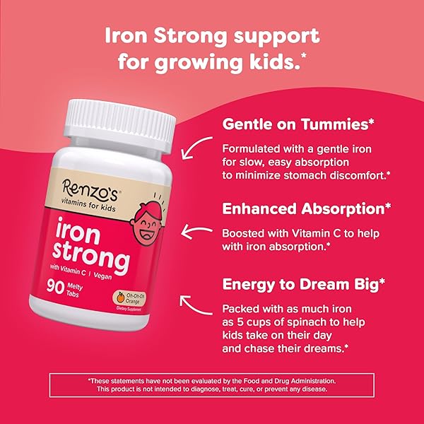 RENZO’S IRON SUPPLEMENTS FOR KIDS, DISSOLVABLE VEGAN IRON SUPPLEMENT WITH VITAMIN C, SUGAR FREE, OH-OH-OH ORANGE FLAVOR, 90 MELTY TABS