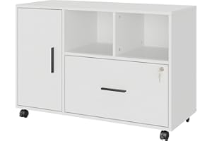 PANANA Wood File Cabinet with Lock, 1-Drawer Wooden Office Lateral Filing Cabinet on Wheels Mobile Printer Stand with Open Storage Shelf for Letter/Legal/A4 Size Files (White)