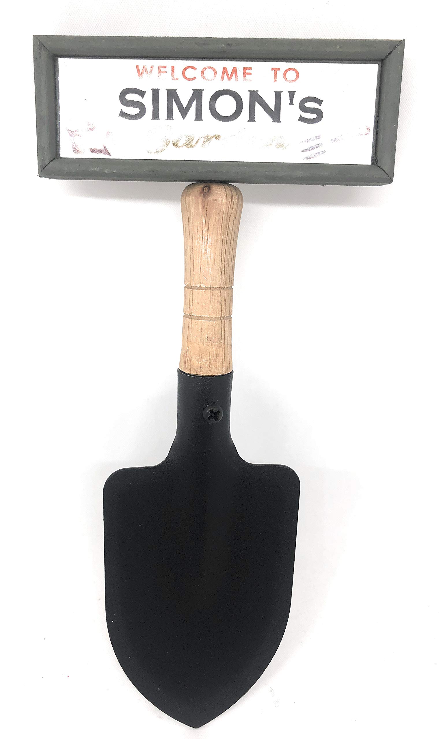 "Welcome to Simon's garden" hanging shovel sign