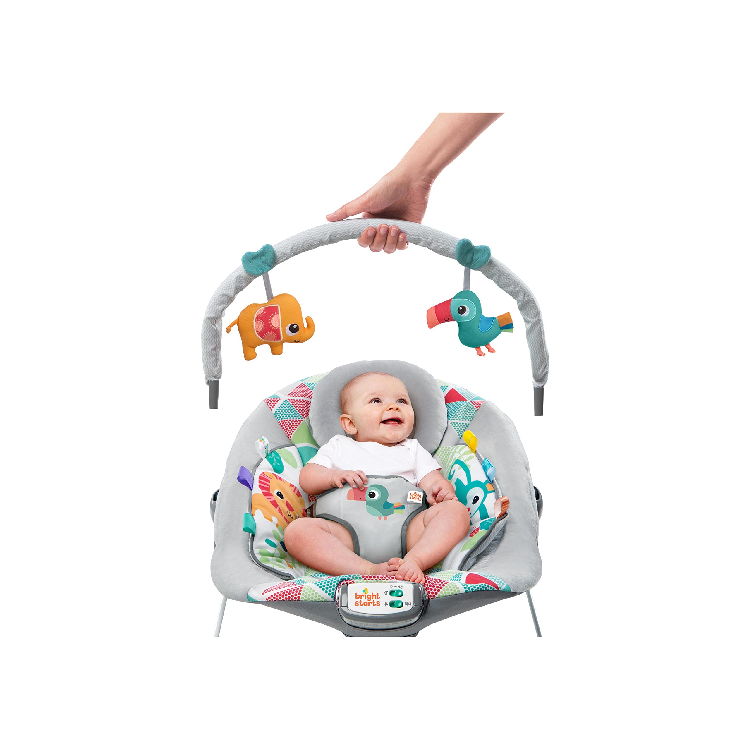 Bright Starts Baby Bouncer Soothing Vibrations Infant Seat - Taggies, Music, Removable -Toy Bar, 0-6 Months Up to 20 lbs (Toucan Tango)