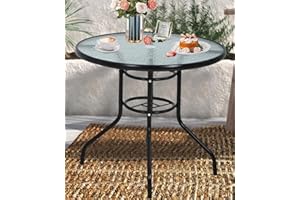 BIQWBIC 32" Patio Table with with Umbrella Hole, Round Outdoor Dining Table Bistro Table with Glass Table Top, All Weather Small Outdoor Table for Pool, Lawn, Backyard, Balcony