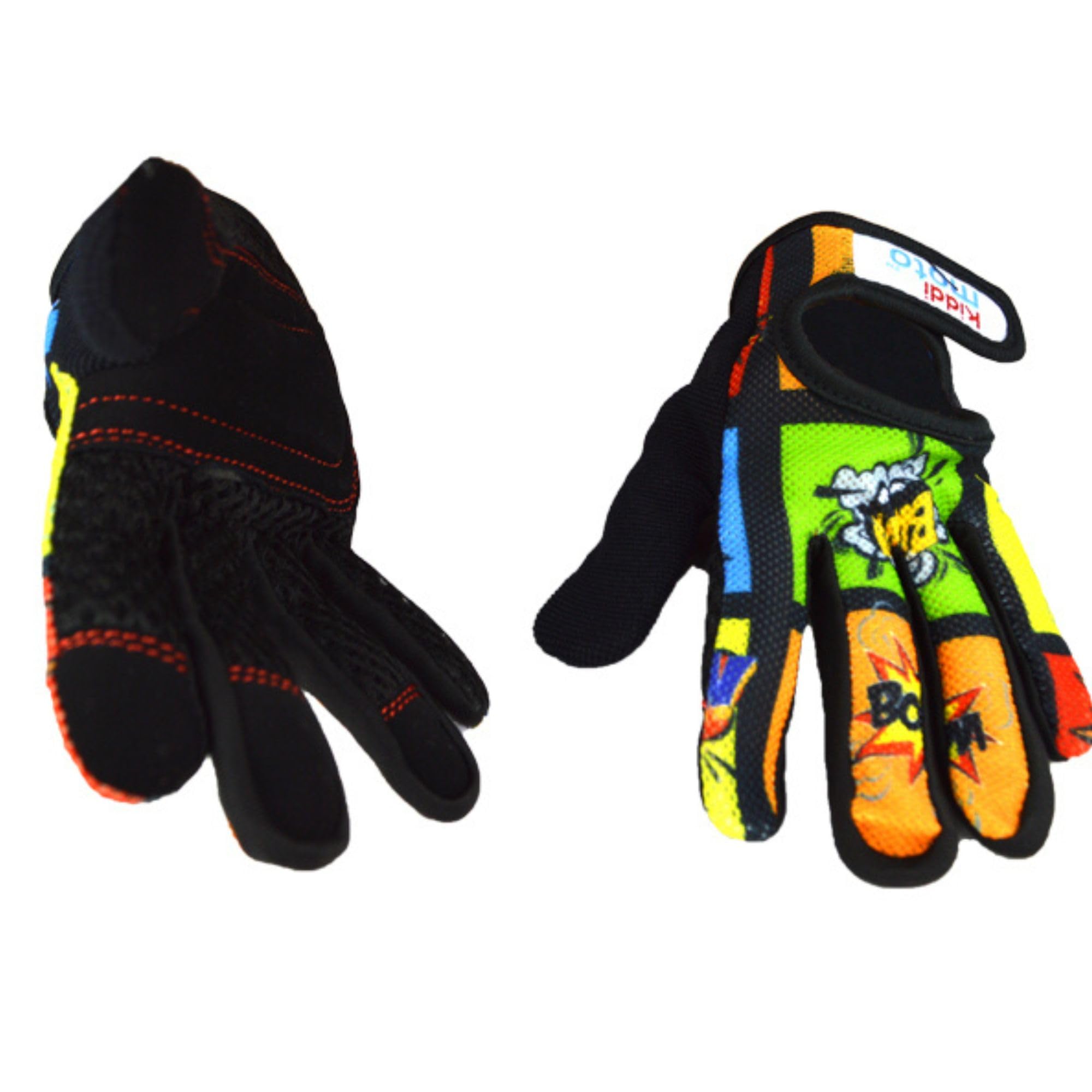 Kiddimoto Comic Anti Slip Kids Bike Gloves For Kids Boys & Girls Best Toddler Bike Gloves Ages 2-10 Full Finger Cycling Gloves For Youth Sports Like Mtb, Bmx Dirt Biking, Mountain Bike Riding, Skates