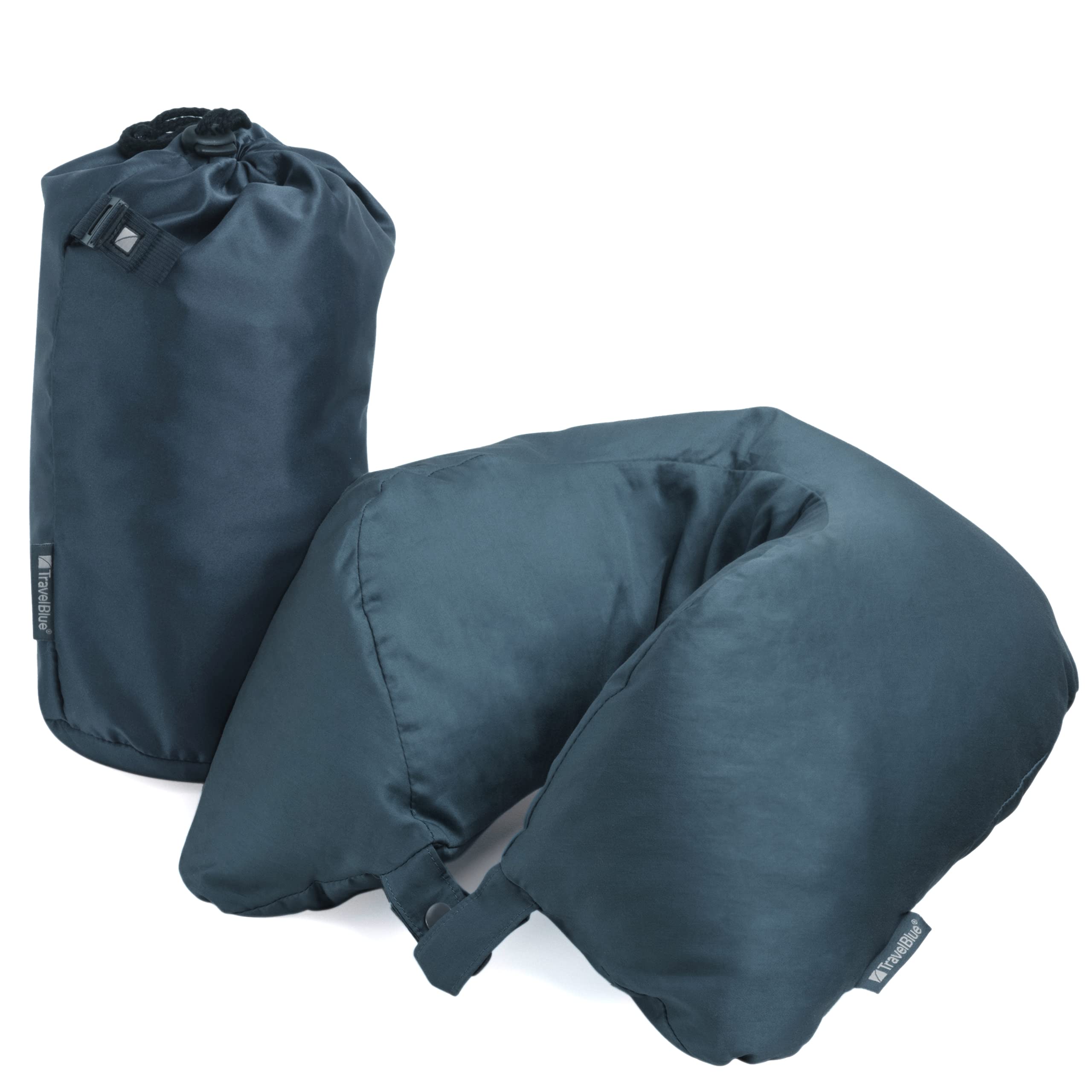 Travel Blue Neck Pillow – Luxurious Travel Pillow with 100% Duck and Goose Down Filling and Cotton Satin Cover – Ergonomic Neck Support for Plane, Car, Train, and Office – Includes Travel Bag