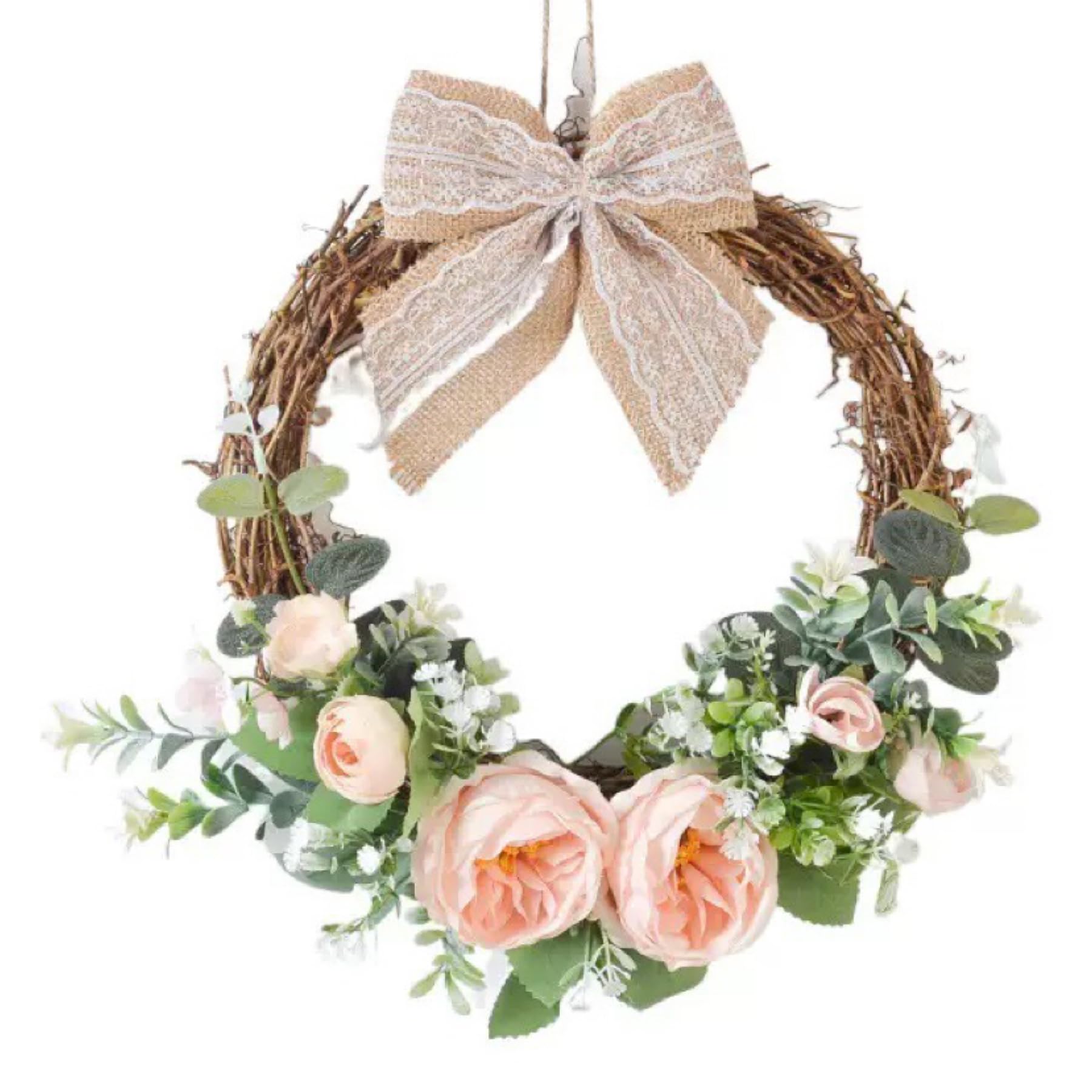 Artificial Peony Wreath Handmade Flower Wreath with Eucalyptus Leaves Summer Spring Grapevine Wreaths Decoration for Door Farmhouse Party Wedding Home Wall Hanging Decor
