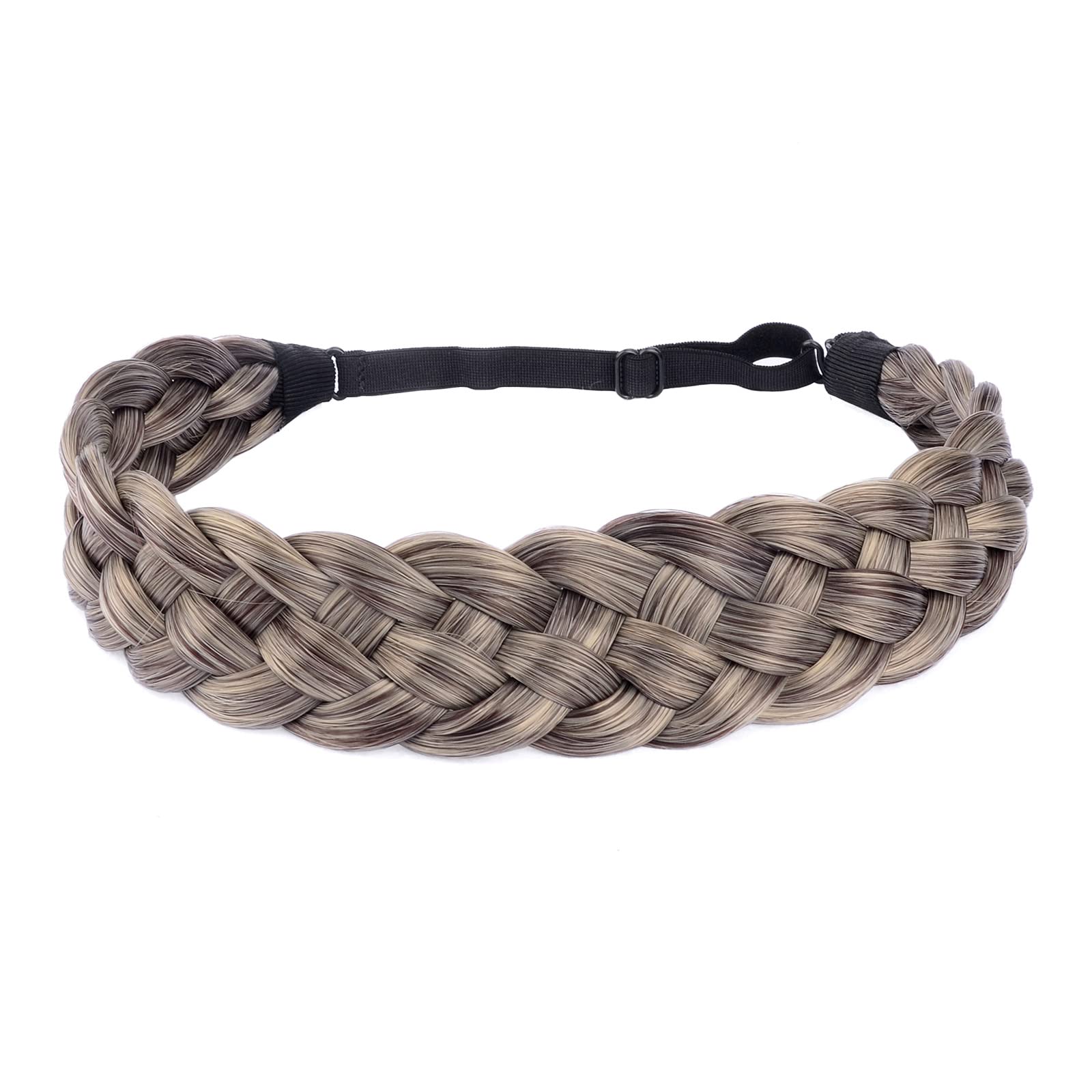 BOBIYA 5 Strand Synthetic Hair Braided Headband Classic Chunky Wide Plaited Braids Elastic Stretch Hairpiece for Women Girl (Light Gray Brown) — image 1