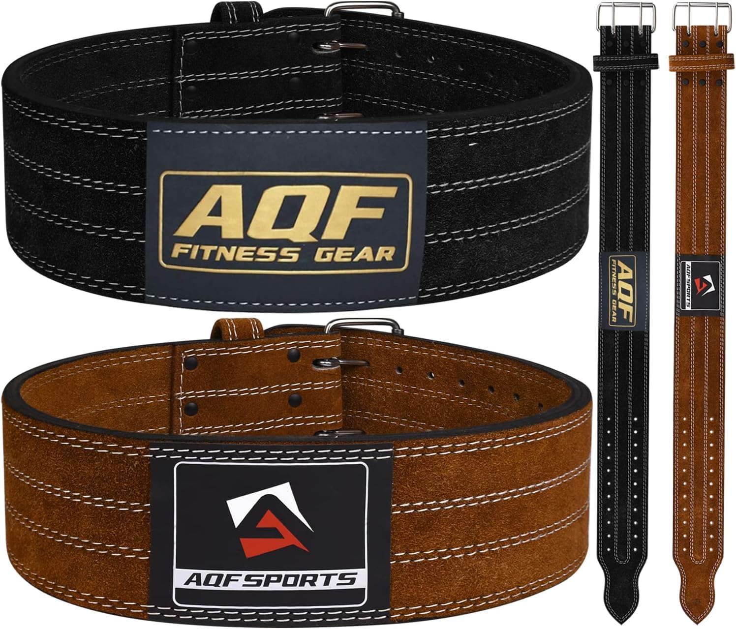 AQF Weight Lifting Nubuck Leather Powerlifting Belt Back Support – 4” Wide x 10mm Thick Double Prong Steel Roller Buckle Contoured Training Belt Suede Lining Black & Brown (Black, 3XL)