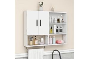 Vavkorkula Medicine Cabinet, Wooden Bathroom Wall Cabinet with 2 Doors, Adjustable Shelves & Towel Bar, Over Toilet Storage Cabinet Wall Mounted for Kitchen & Laundry, White