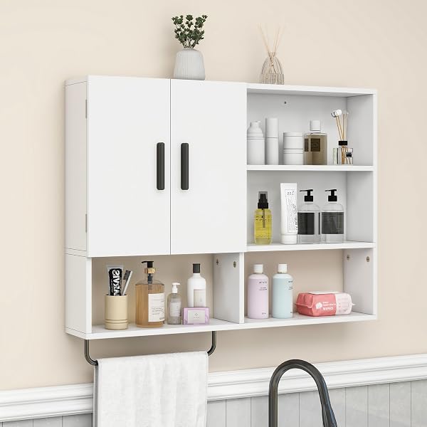 VAVKORKULA MEDICINE CABINET, WOODEN BATHROOM WALL CABINET WITH 2 DOORS, ADJUSTABLE SHELVES & TOWEL BAR, OVER TOILET STORAGE CABINET WALL MOUNTED FOR KITCHEN & LAUNDRY, WHITE