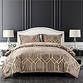 Sunshine Nicole Metallic Print Comforter Set, Distressed Velvet Face with Metallic Print and Brushed Solid Microfiber Reverse, with Light Weight Soft Poly Fill, 3 Pieces Khaki Gold, Queen