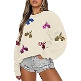 UNIQUEONE Oversized Sequins Bow Sweatshirt - Women Magic Kingdom Sweater Pastel Graphic Coquette Tee Holiday Pullover