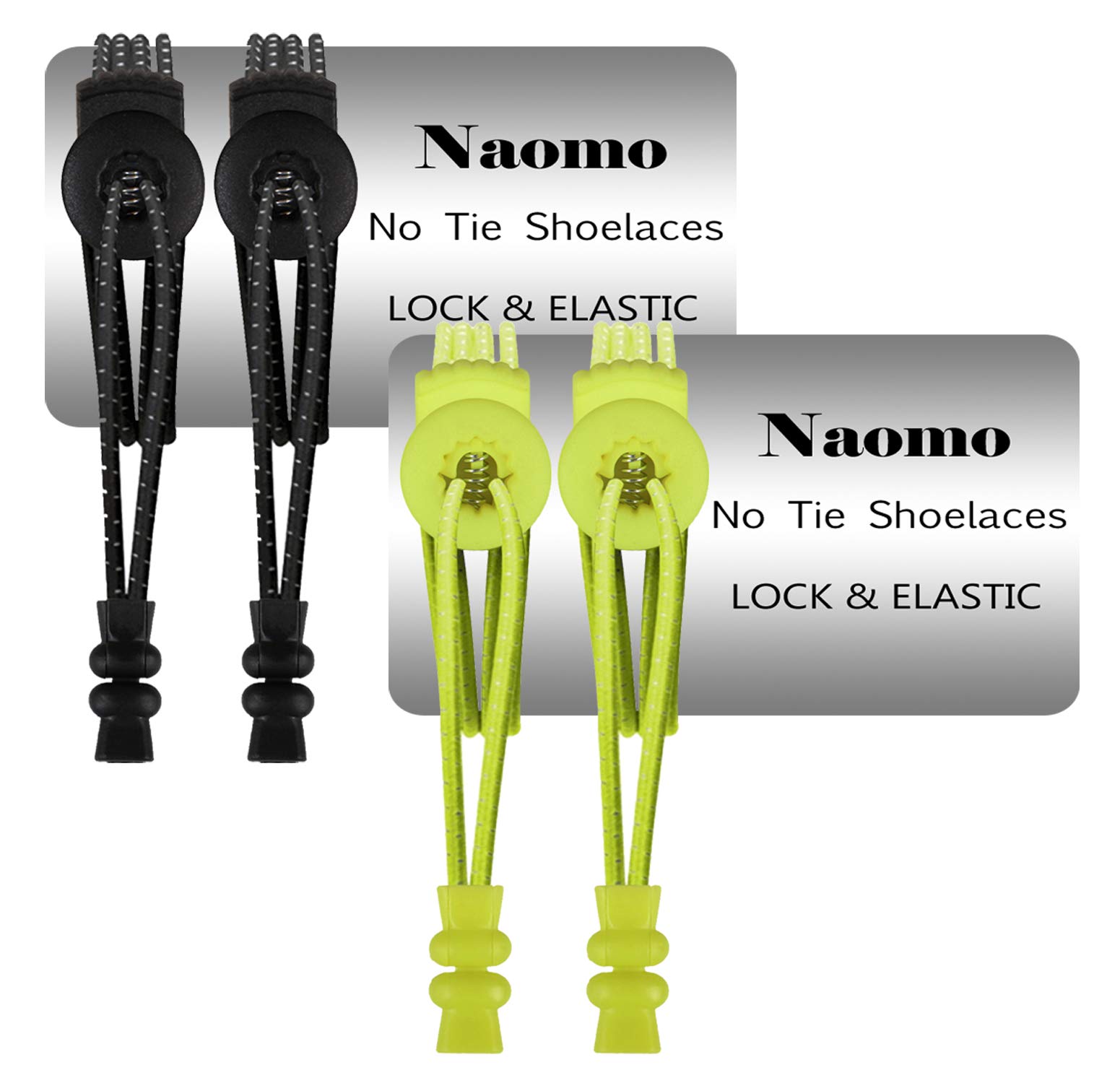 Naomo No Tie Laces Elastic Easy Tie Shoe Laces for Adults and Kids Running Shoes 2 Colours (2 Pair Black&Flash)