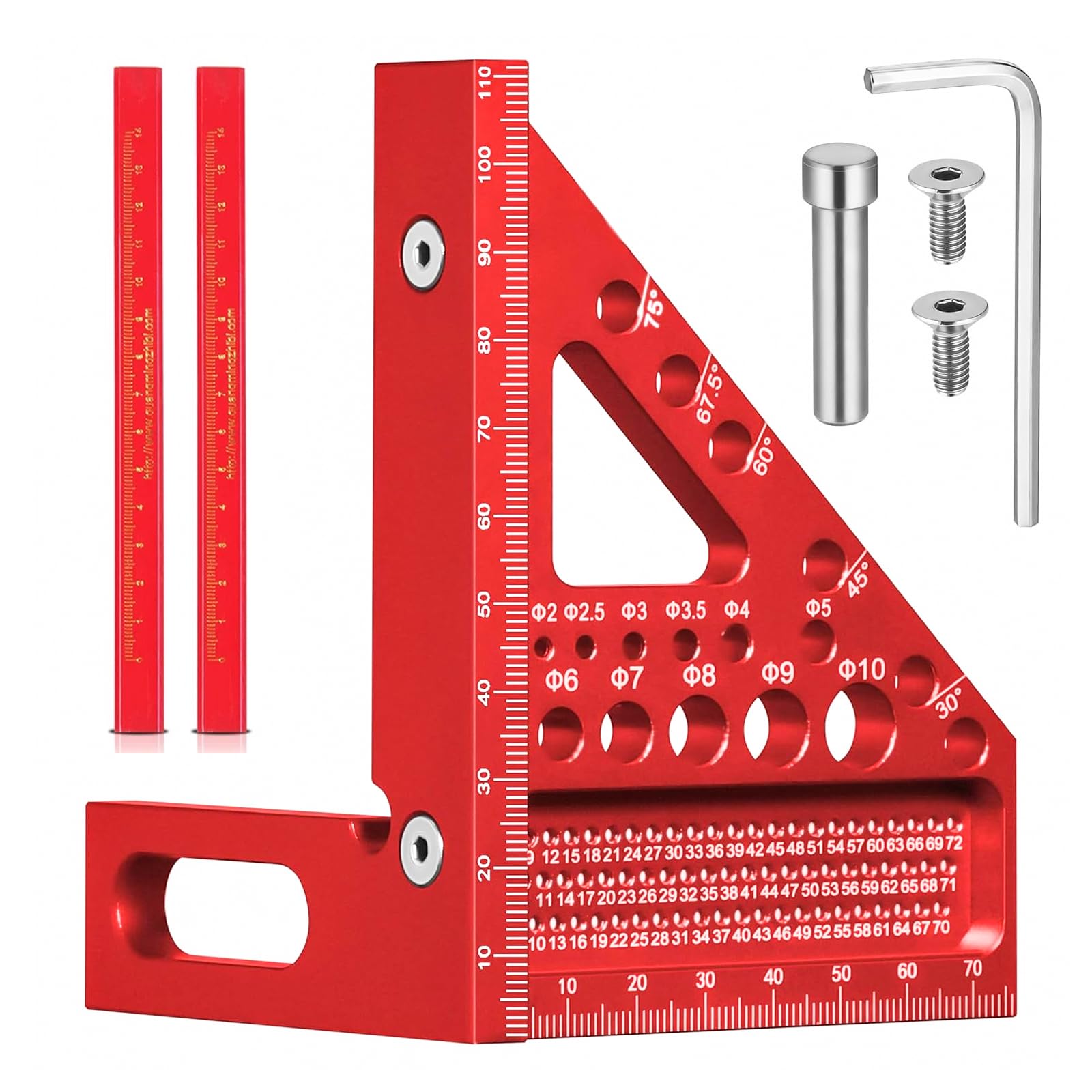 TPTGIAR Woodworking Right Angle Triangle Ruler, 22.5-90° Multi Angle Measurement Tool, High Precision Speed Square, Multi-functional Engineers Square with 2 Pens for Engineers Woodworking