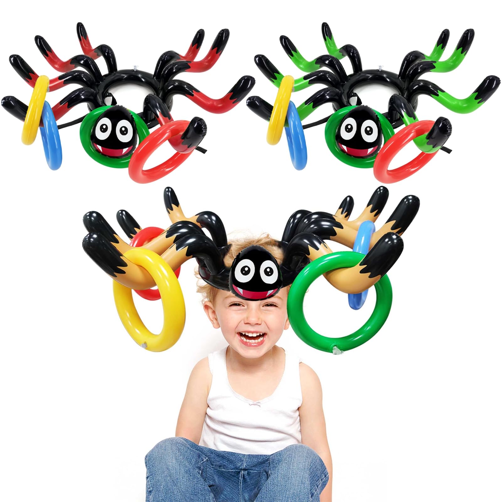 Photo 1 of 15 Pcs Halloween Game Inflatable Spider Ring Toss Game for Kids Family Party Favors Toys Halloween Games School Carnival Activities Party Supplies Indoor Outdoor School (3 Spider, 12 Rings)