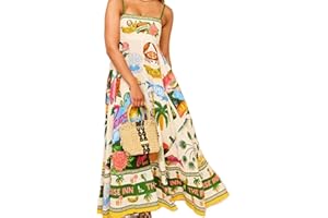 FARETUMIYA Women Cute Print Maxi Cami Dress Loose Sleeveless Spaghetti Strap Boho Dress Flowy Graffiti Long Aline Sun Dress