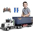 Remote Control Semi Truck with Trailer - 23.6 Inch 9-Channel RC Semi Truck Toy for Kids, 1:24 Container Truck with 2 Batteries, Van Transport Vehicle with Lights & Music, Great Gift for Boys Girls