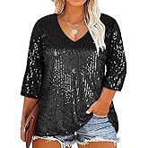RITERA Plus Size Glitter Tops for Women 3/4 Sleeve Shirts Evening Cocktail V Neck Sequin Blouse Tunic Weddings XL-5XL
