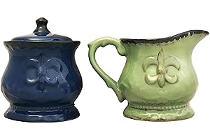 ACK Tuscany Colorful Ceramic Hand Painted Fleur De Lis Cream & Sugar Set of 2pcs