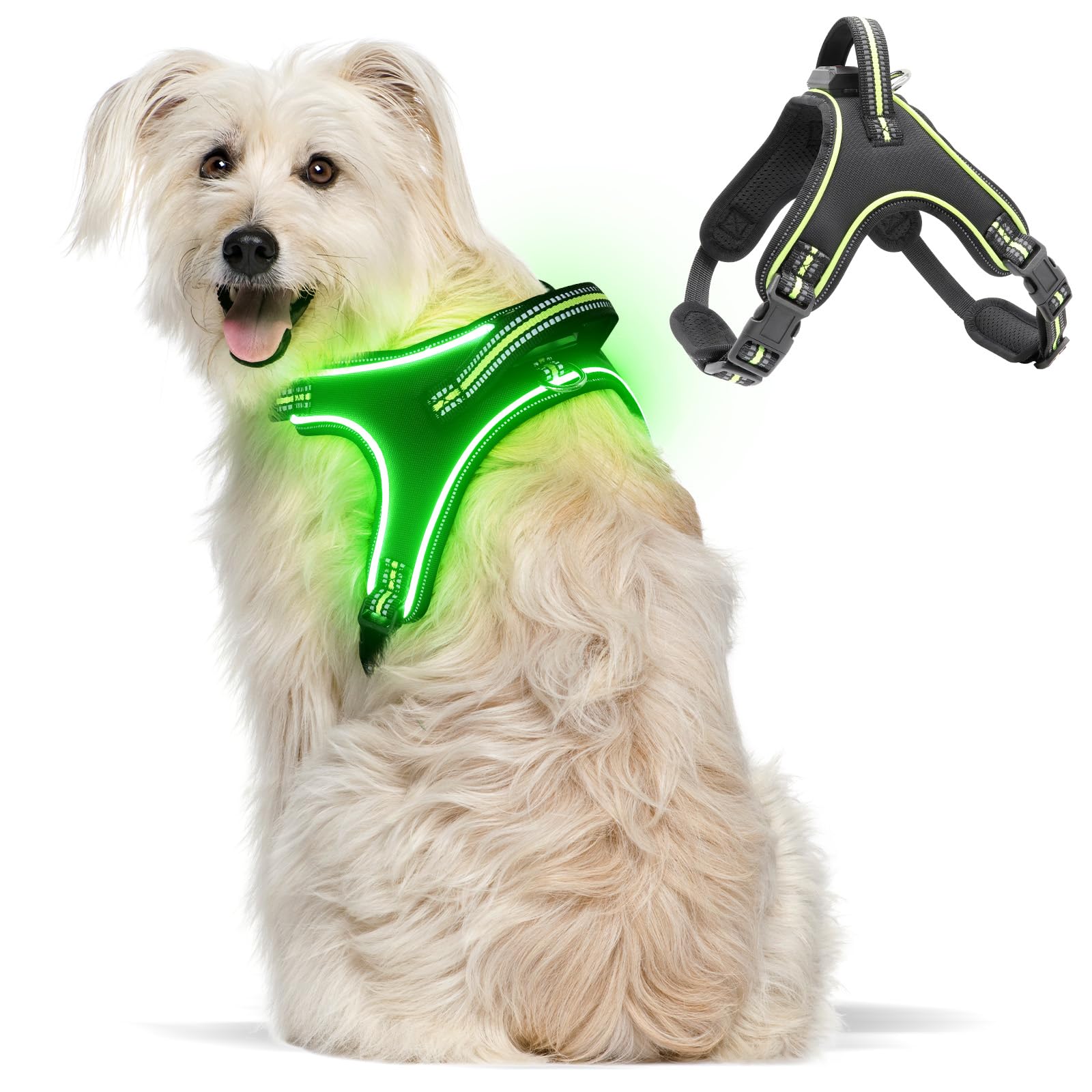 Light Up Dog Harness No Pull LED Dog Harness with Handle Rechargeable Rainproof Pet Harness for Night Walking Glowing Dog Vest Harness for Small Medium Large X-Large Dogs (Green, XL)